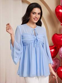 Chiquease Camisa casual de mujer con cuello de lazo y fruncido - Azul - Ver 1