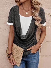 SHEIN LUNE Women's Contrast Color Draped Neck Short Sleeve Casual Loose T-Shirt