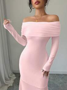 Rafferiza Sexy Elegant Fitted Long Sleeve Cinched Waist Double Layer Off-Shoulder Backless Twist Fishtail Hem Ribbed Knit Dress, White, Autumn/Winter Maxi Women Outfit