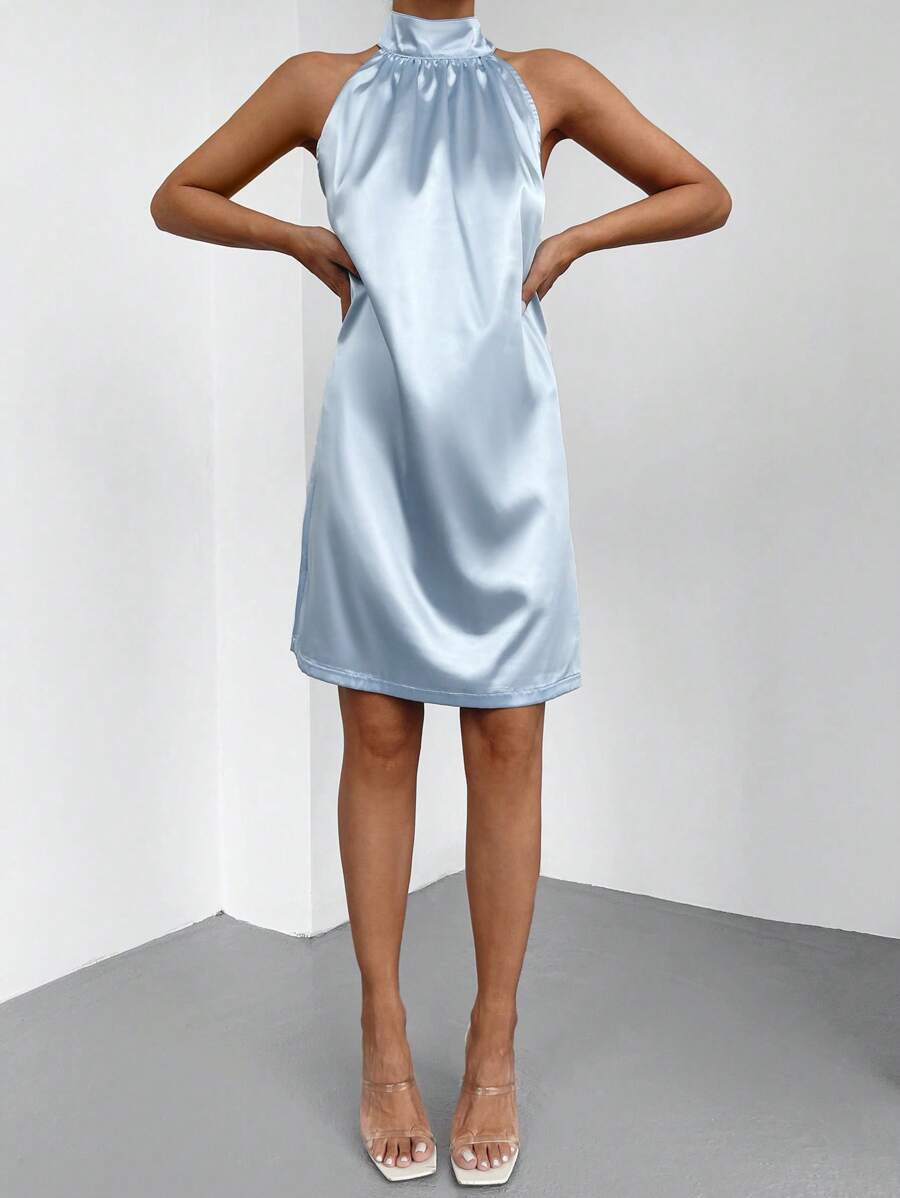RueChic Solid Halter Neck Satin Dress - Baby Blue - View 1
