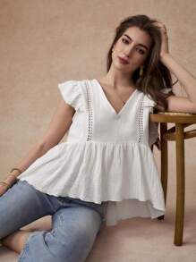 Écloséra Elegant V-Neck Ruffle Sleeveless Blouse, Spring And Summer - White - View 4