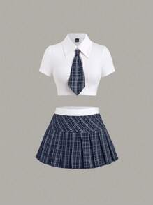 Sweetra 2pcs/Set: Solid Color Polo Collar Crop Top & Plaid Print Pleated Skirt Y2K Outfit  - Multicolor - View 1