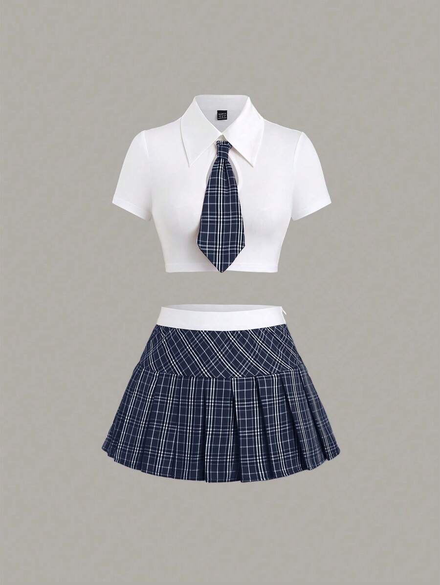 Sweetra 2pcs/Set: Solid Color Polo Collar Crop Top & Plaid Print Pleated Skirt Y2K Outfit  - Multicolor - View 1