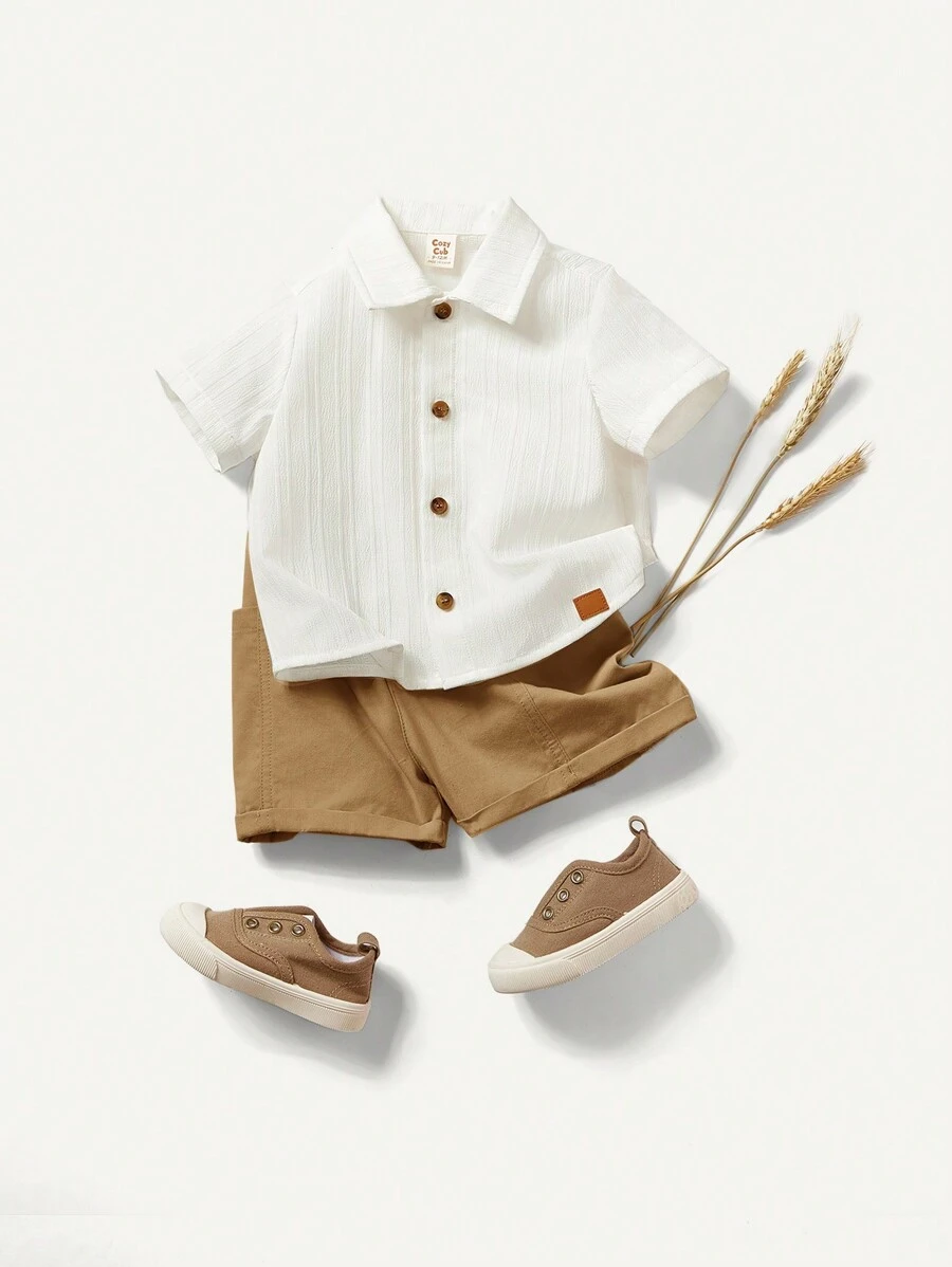 Cozy Pixies 2pcs/Set Baby Boy Solid Wave Collar Short Sleeve Cardigan And Shorts Casual Set - Brown - View 1