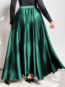 Vionelle Plus Size Elegant Solid Color Flared Skirt, Autumn Women Maxi Skirt - Dark Green - View 2