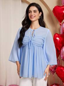 Chiquease Camisa casual de mujer con cuello de lazo y fruncido - Azul - Ver 5