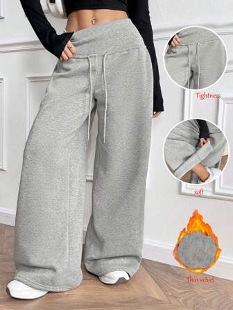 Chiquease Pantalón de chándal gris suelto con cintura de cordón y forro polar, para invierno