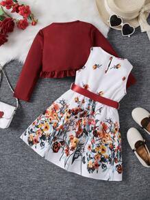 SHEIN 2pcs Young Girl Red Heart Ribbed Ruffle Trim Dress And Jacket Set,Holiday,Summer,Travel - Burgundy - View 2