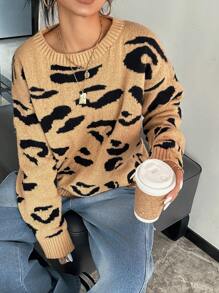 SHEIN EZwear Suéter informal y cálido con cuello redondo y estampado de leopardo, adecuado para otoño/invierno para mujer