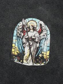 ROMWE MEN Street Life Men's Religious Washed Angel Print Crop Fit Tank Top - Black - View 5