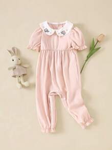 SHEIN 复古法式女婴大象刺绣连体衣，泡泡袖设计，可爱甜美春夏外套 - 粉色 - 查看 1