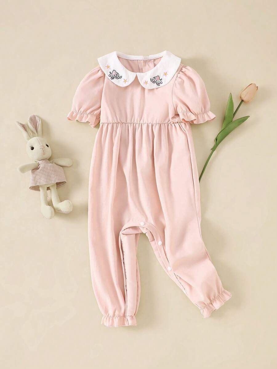 SHEIN 复古法式女婴大象刺绣连体衣，泡泡袖设计，可爱甜美春夏外套 - 粉色 - 查看 1