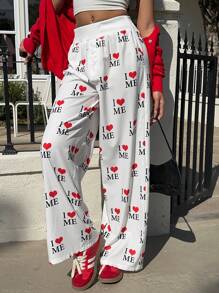 SHEIN EZwear Women's White Background Heart Decor Front Button Casual Wide Leg Pants - Multicolor - View 4