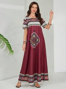 Lacomfia Spring/Summer Round Neck Loose Printed Casual Dress - Red - View 3
