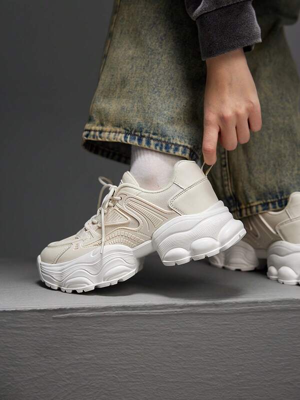 Vate Comfortable Women's Platform, Wedge Heel, Striped, Thick Sole, Versatile, Breathable Athletic Chunky Sneakers Spring Shoes Spring Break Easter