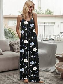 Breezaya Women's Casual Holiday Knit Print Jumpsuit Pants