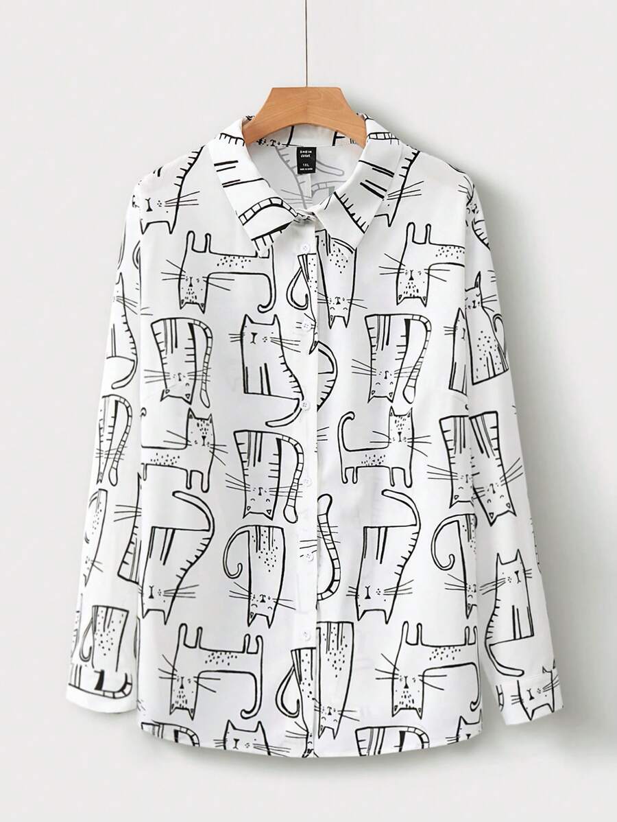 SHEIN LUNE Plus Size Casual Minimalist Cat Print Shirt Fall Cloth For Women