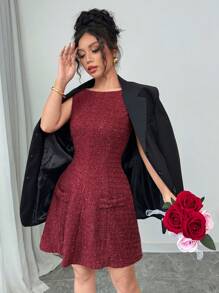 Elenzga Women Elegant Vintage Metallic Fiber Valentines Party Wine Red Tweed Waist-Cinched Peplum Hem Mini Dress