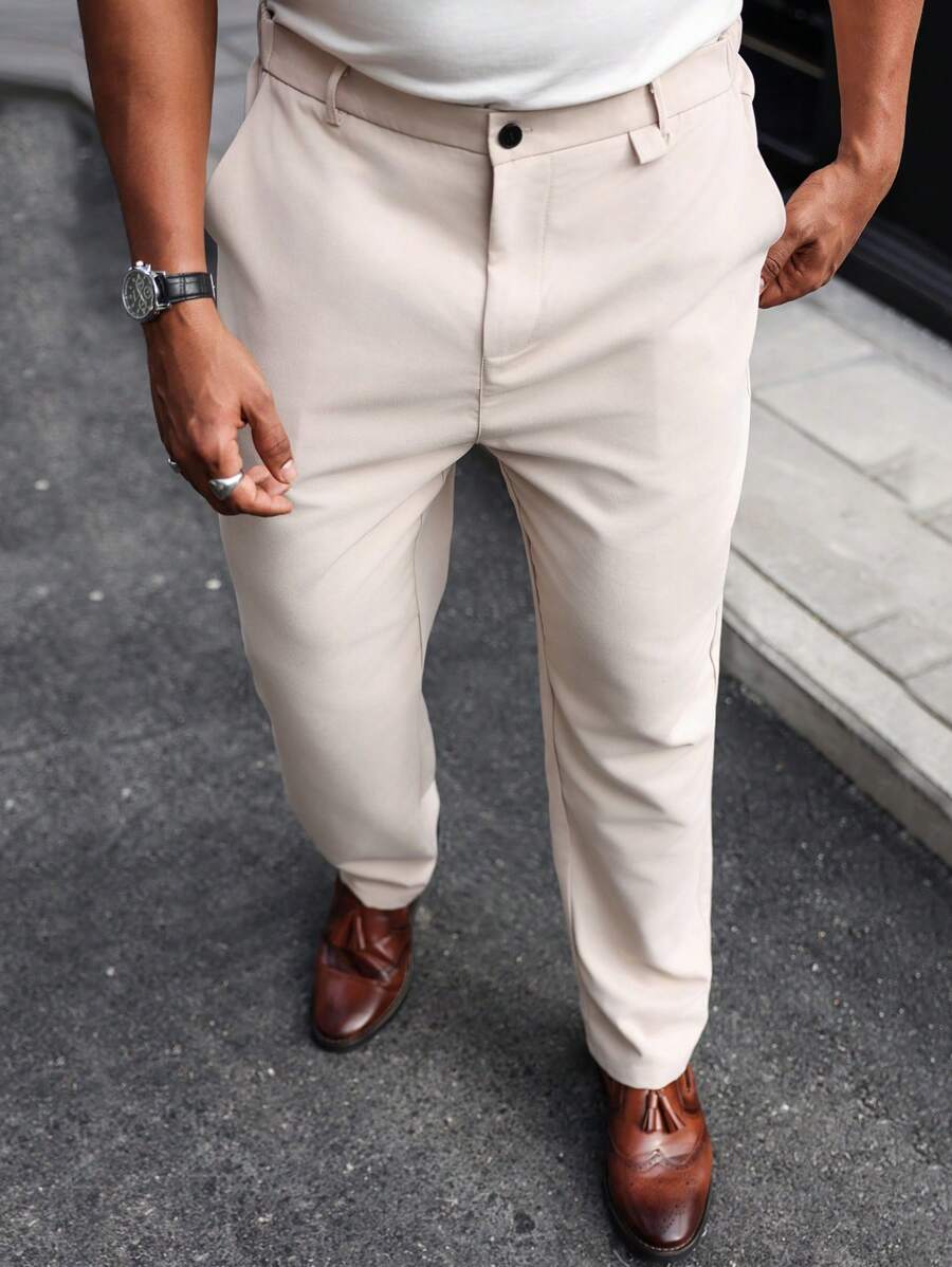 Manfinity Mode Plus Size Men's Solid Color Pocket Straight Leg Casual Suit Pants - Beige - View 1