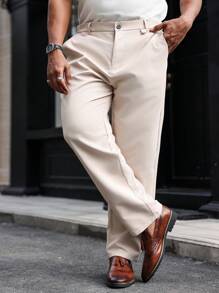 Manfinity Mode Plus Size Men's Solid Color Pocket Straight Leg Casual Suit Pants - Beige - View 6