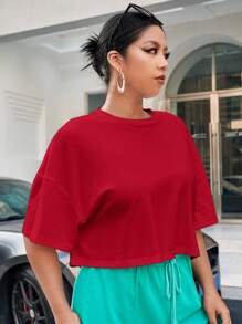 SHEIN EZwear 大码纯色圆领短袖简约休闲上衣 - 紅色 - 查看 3
