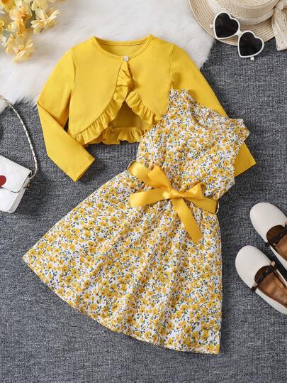 SHEIN 2pcs/Set Young Girls Print Dress & Ribbed Ruffle Trim Jacket Set,Holiday,Summer,Travel