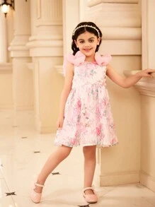 SHEIN 7th Birthday Sweet Formal Partywear With 3D Organza Decoration,Back Bow Detailing - Pink - View 4