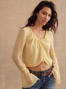 WESTFADE Summer Chiffon Bow Tie Front V Neck Long Bell Sleeve Top Beach Vacation Outfits
