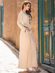 Al Najma Contrast Trim V-Neck Long Sleeve Casual Elegant Maxi Dress, Kaftan & Jalabiya, Luxury Evening Dresses For Women,Modest
