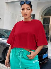 SHEIN EZwear 大码纯色圆领短袖简约休闲上衣 - 紅色 - 查看 1