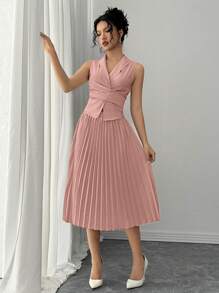 Rafferiza 2 件套女士优雅休闲百搭交叉腰系带领上衣和褶皱松紧腰长裙，无弹力编织面料，杏色，秋冬 - 粉色 - 查看 5