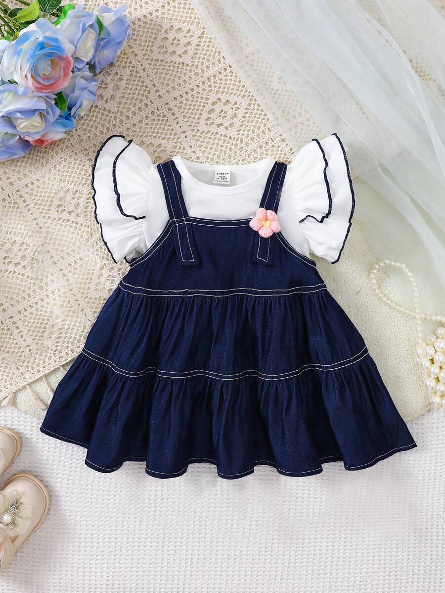 SHEIN Playful Pals 2 件套女婴休闲学院风盖袖上衣和吊带裙套装，适合夏季、度假 - 彩色 - 查看 1