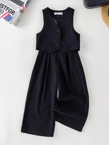 PrepCrw Young Girls Navy Uniform Style Fitted Top/Pants Set, Spring/Summer - Blue - View 1