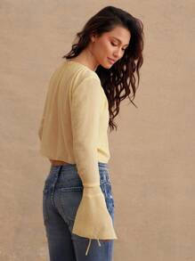 WESTFADE Summer Chiffon Bow Tie Front V Neck Long Bell Sleeve Top Beach Vacation Outfits