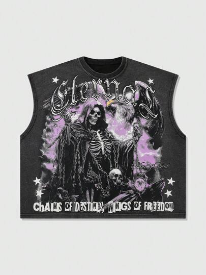 Goth Camiseta de tirantes ajustada con estampado de calavera desgastada para hombre