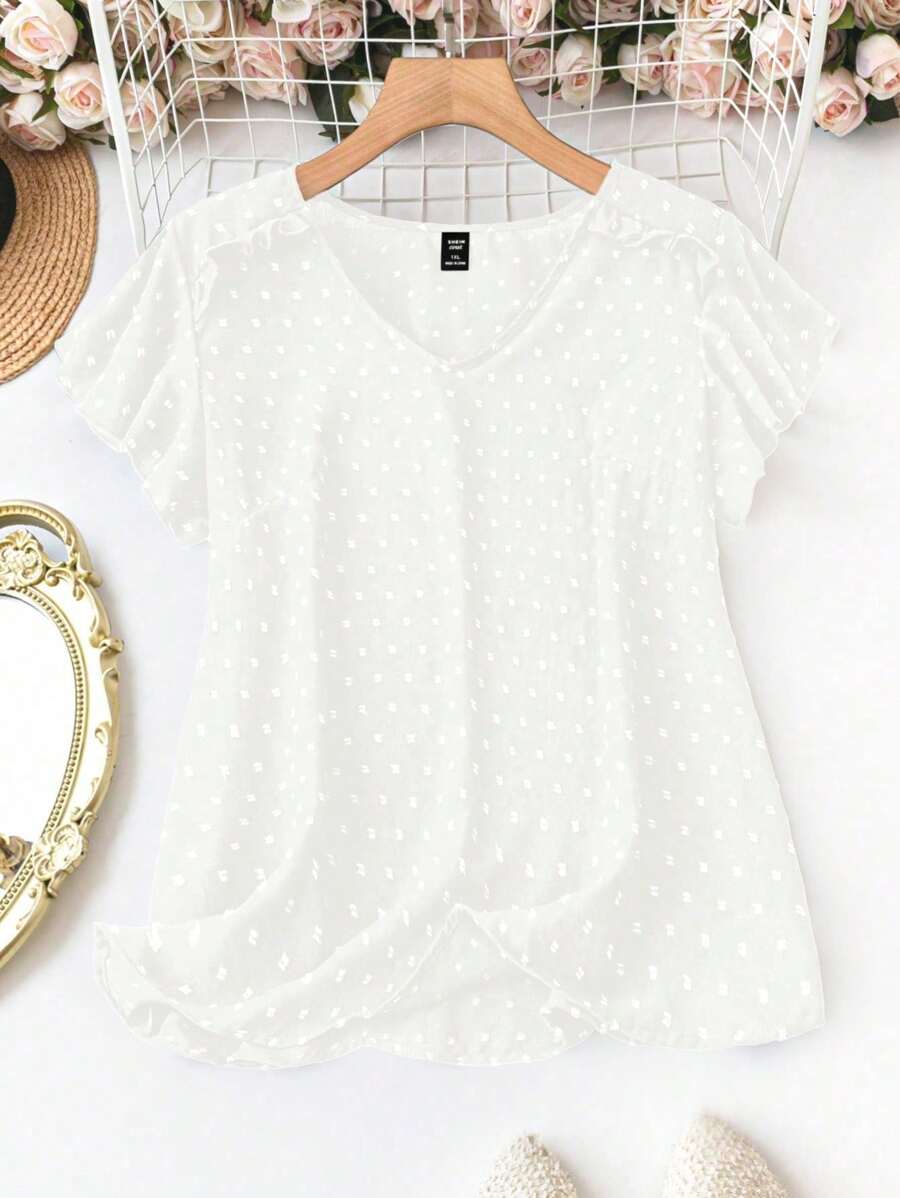 SHEIN LUNE Áo sơ mi tay ngắn cổ chữ V xếp nếp cỡ lớn cho nữ mùa hè - trắng - Xem 1