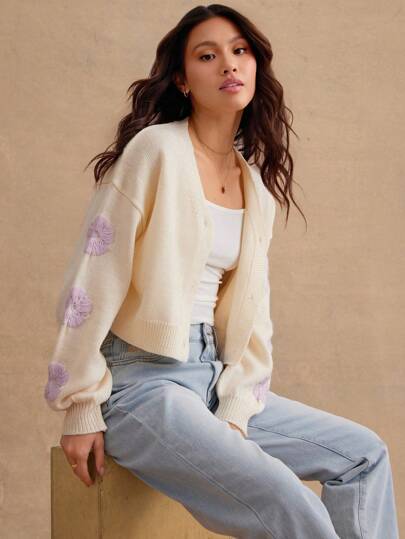 WESTFADE Cárdigan de cuello en V con botones frontales, de manga larga, de colores en bloques y con estampado de flores de primavera, acortado