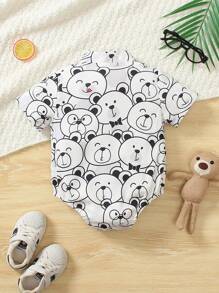 1pc Baby Boy Cartoon Bear Colorful Allover Print Collared Button-Front Short Sleeve , Casual Comfortable Holiday & Street Wear, Bowknot Outfit,Newborn Baby Clothing, Baby Clothes, Baby Bodysuit, Newborn Baby Bodysuit,0M-18M,Summer - White - View 2