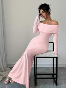 Rafferiza Sexy Elegant Fitted Long Sleeve Cinched Waist Double Layer Off-Shoulder Backless Twist Fishtail Hem Ribbed Knit Dress, White, Autumn/Winter Maxi Women Outfit