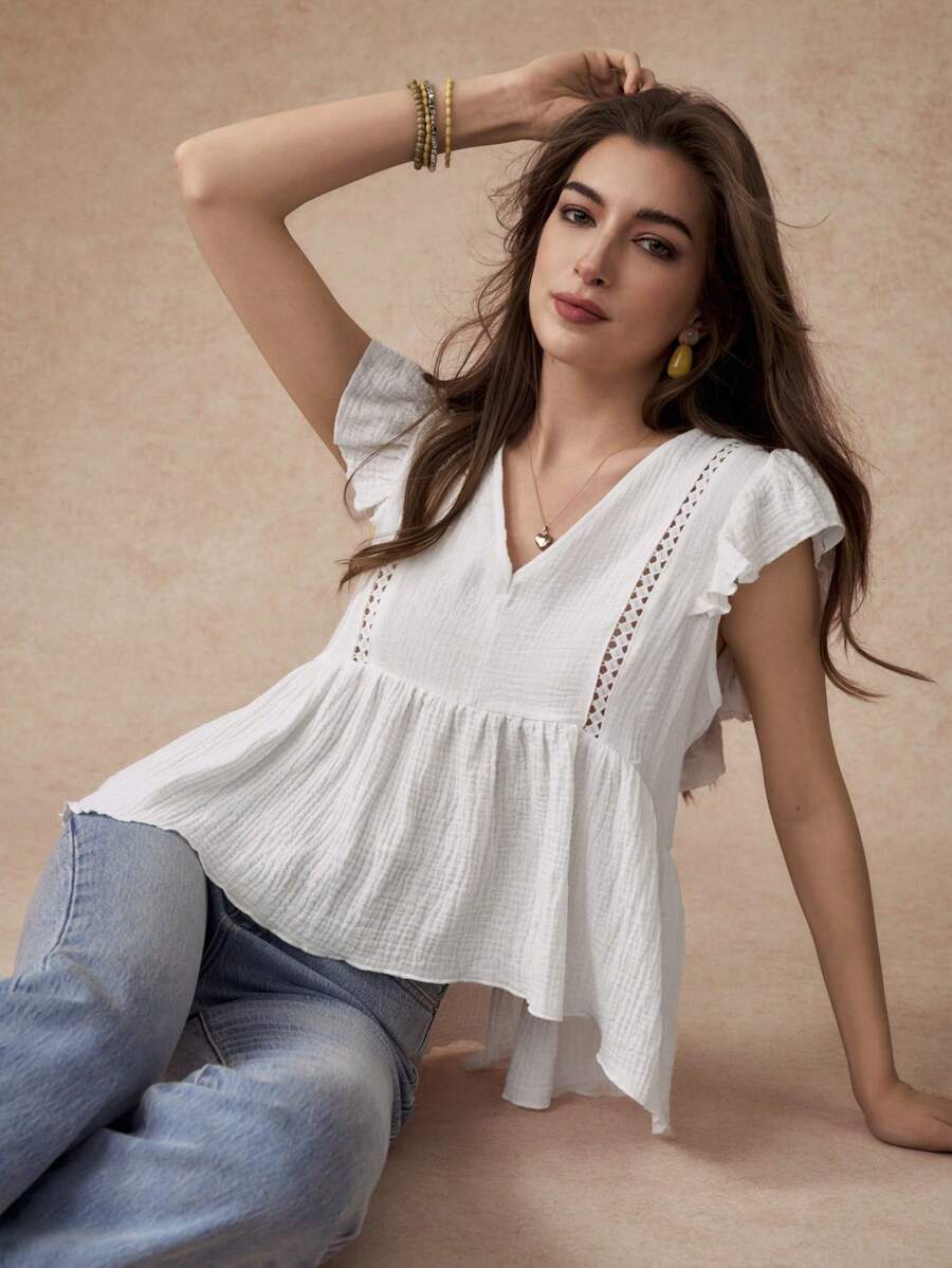 Écloséra Elegant V-Neck Ruffle Sleeveless Blouse, Spring And Summer - White - View 1