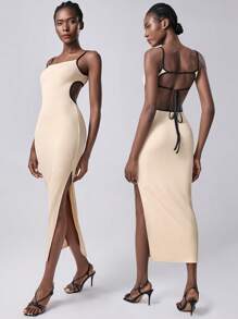 Chiquease Váy bó sát dệt kim màu mơ và đen, váy dệt kim buộc dây hở lưng - Màu be - Xem 1