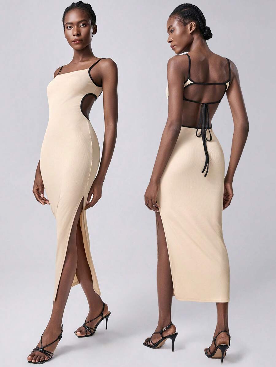 Chiquease Váy bó sát dệt kim màu mơ và đen, váy dệt kim buộc dây hở lưng - Màu be - Xem 1