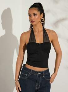 Glamine Top sin mangas transparente y sin espalda de color negro, top de salida, top de cumpleaños, top de fiesta de vacaciones, top corto para citas de mujer, top de concierto, top de Pascua, top de primavera/verano - Negro - Ver 8