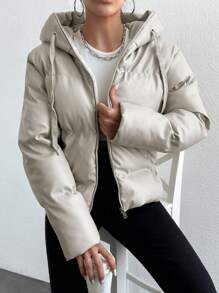 SHEIN Cottnline Women's Drawstring Hooded Padded Coat Jacket - Beige - View 1
