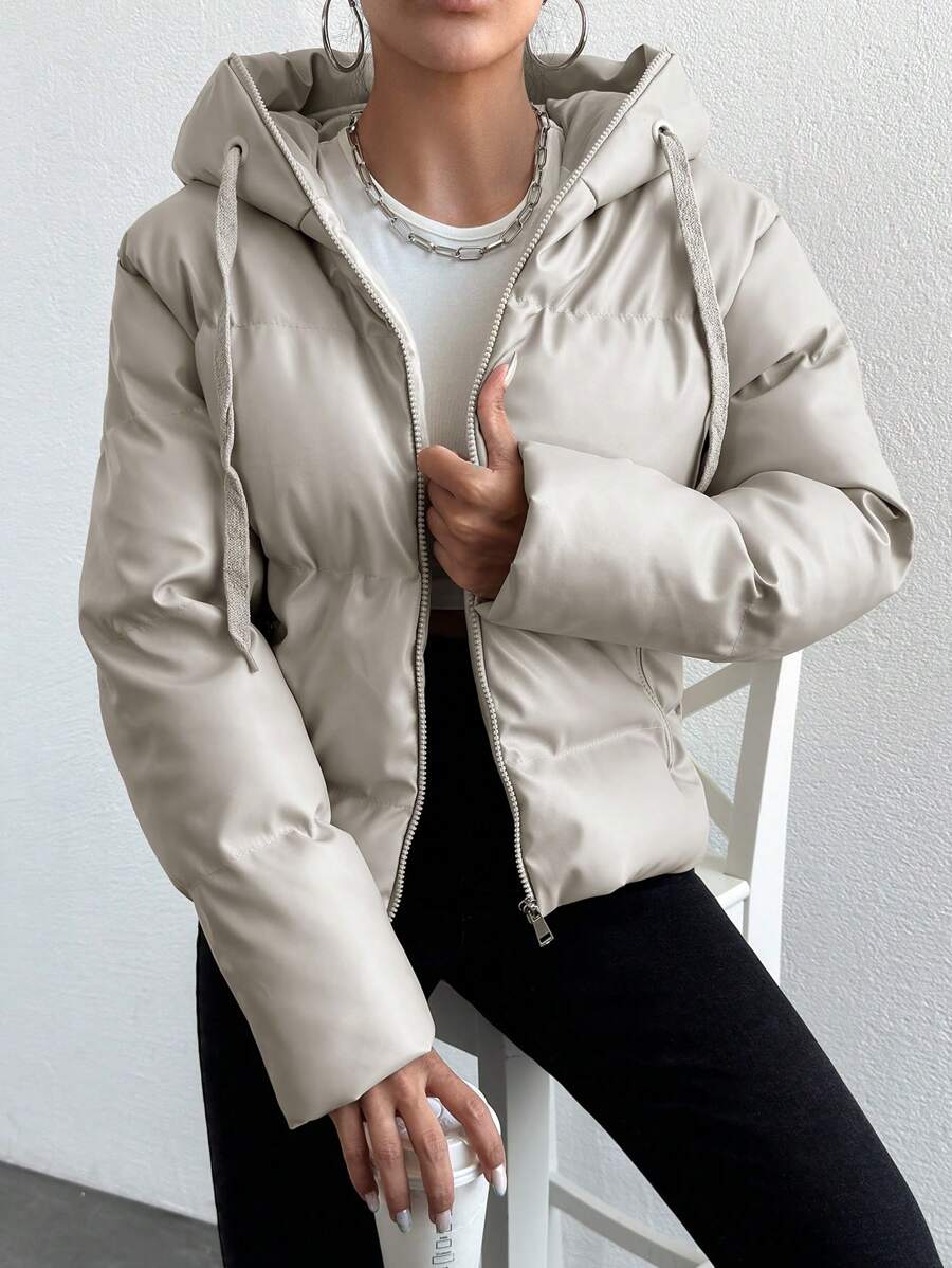SHEIN Cottnline Women's Drawstring Hooded Padded Coat Jacket - Beige - View 1
