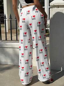 SHEIN EZwear Women's White Background Heart Decor Front Button Casual Wide Leg Pants - Multicolor - View 3