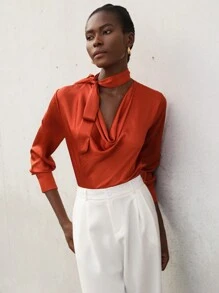 Aveloria High-End Design Vintage Rusty Red Embossed Jacquard Satin Shiny Color Block Ruffle Collar Long Sleeve Elegant Ladies Blouse - Burnt Orange - View 1