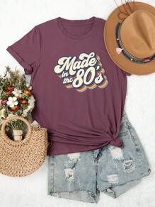 EMERY ROSE Plus Slogan Graphic Tee, Made In The 80's, Women Summer Top - Mauve Purple - View 3
