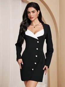 Almamuse Women Elegant Color Block Front Button Up Bodycon Dress