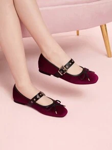 CUCCOO DOLLMOD Women's Round Toe Suede Patchwork Metal Buckle Bow Ballet Flats Loafers - Multicolor - View 5